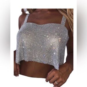 Shoppo Woman’s Size XS or S Silver Starry Nights Mesh Rhinestones Cropped Top